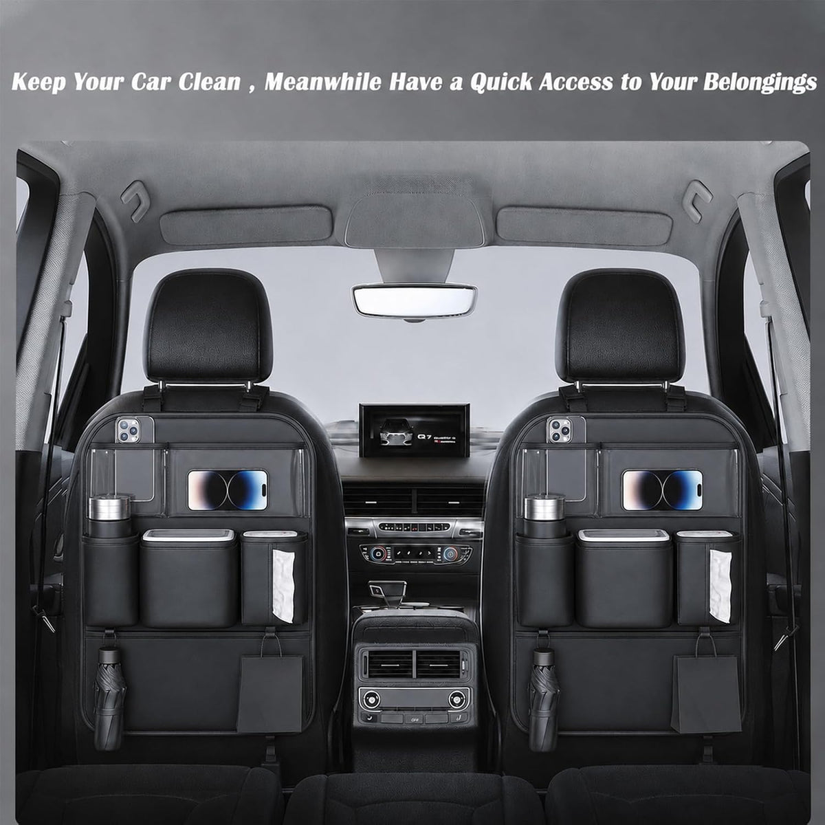 2 Pack Car Back Seat Organizer, PU Leather Storage Pockets, Black