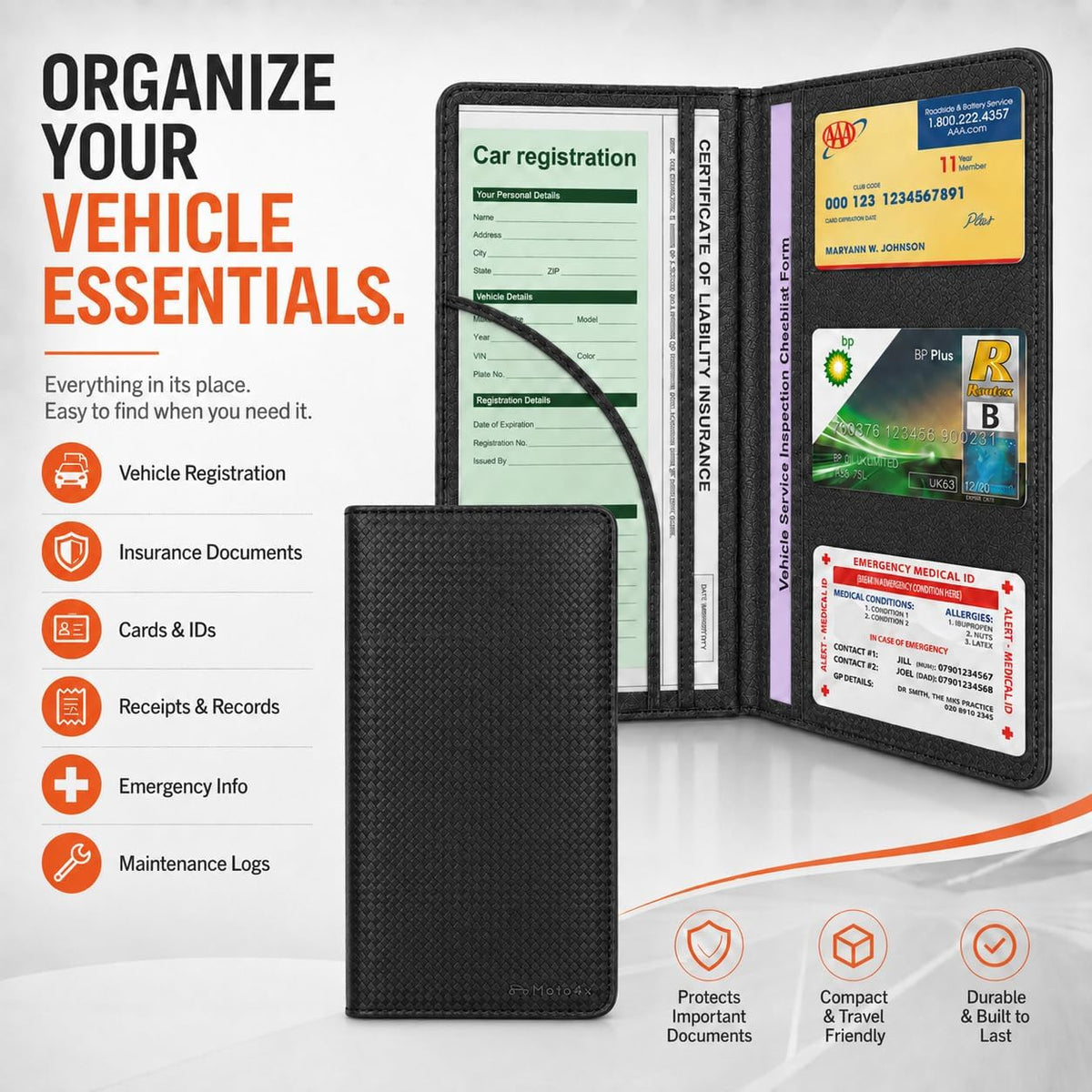 Car Registration and Insurance Holder, Carbon Black Premium PU Leather