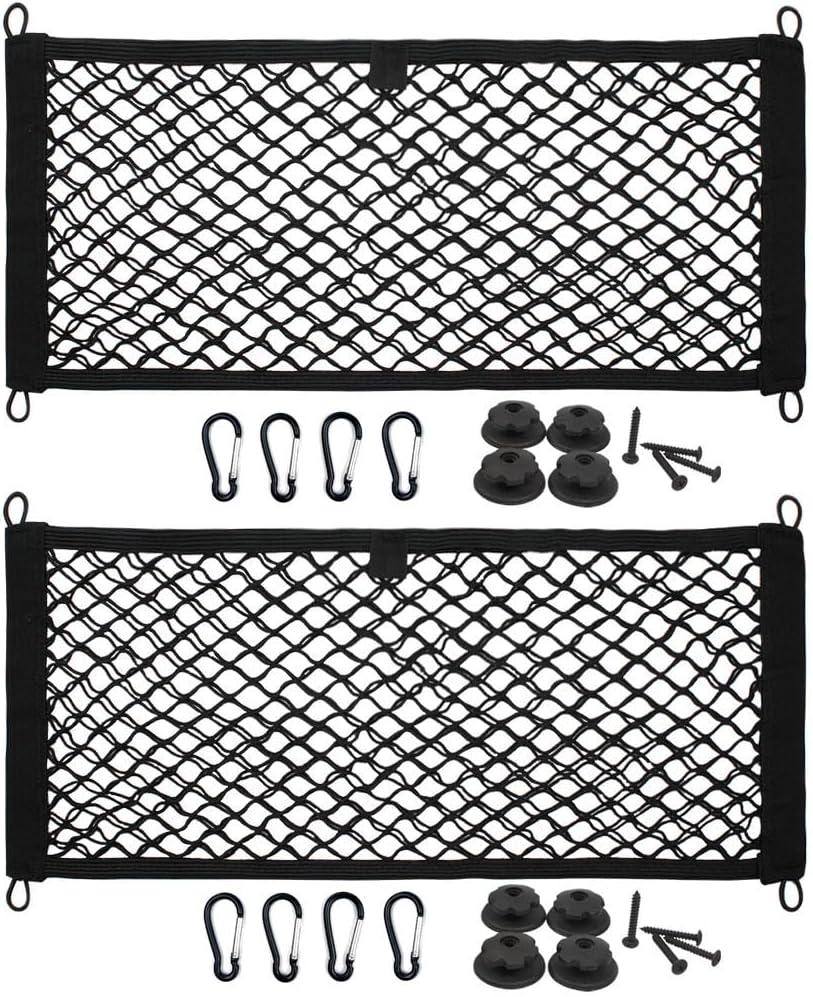 [2 PACK] JAVOedge Extra Large Cargo Net for Car, SUV, Truck, RV, Boat – Elastic Storage Mesh Organizer with Built‑In Hooks, 12 Screws & 12 Carabiners – Heavy‑Duty Trunk Cargo Net & Vehicle Storage Bag