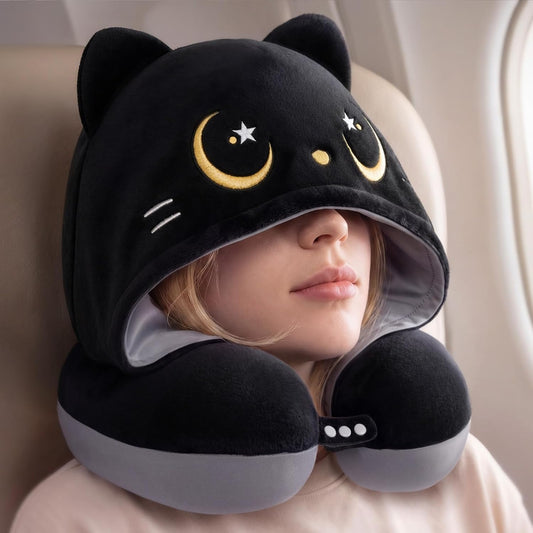 Mewaii Travel Neck Pillow with Hood for Airplanes,Memory Foam,Breathable Ice Silk & Soft Velvet,Double-Sided,Removable to Clean,Adjustable Strap,Portable Travel Pillow for Long Flights Adults & Teens