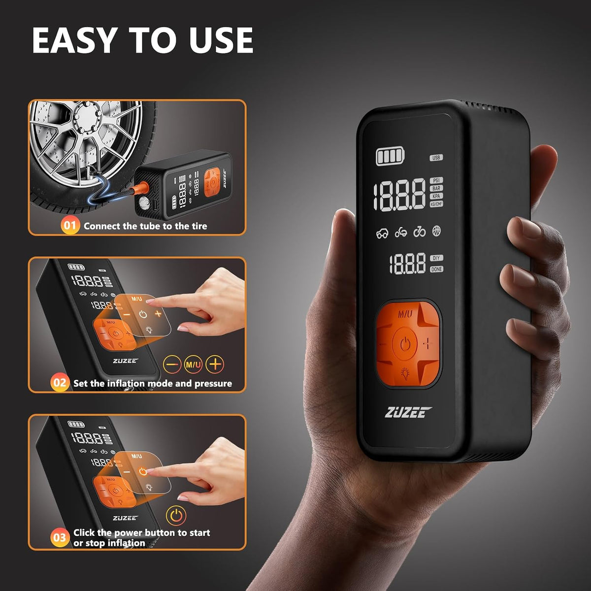 ZUZEE Tire Inflator Portable Air Compressor with Digital Gauge 150 PSI