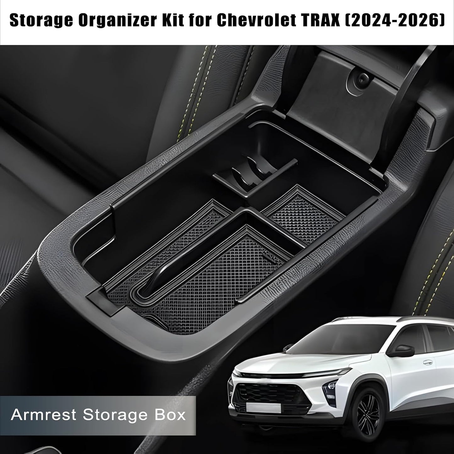 Upgraded 10Pcs Organizer Kit for Chevy Trax Accessories 2024 2025 2026, Center Console Tray & Armrest Storage Box, with 4 Cup Holder Inserts and 4 Seat Hooks, ABS Non-Slip Interior Accessories Black