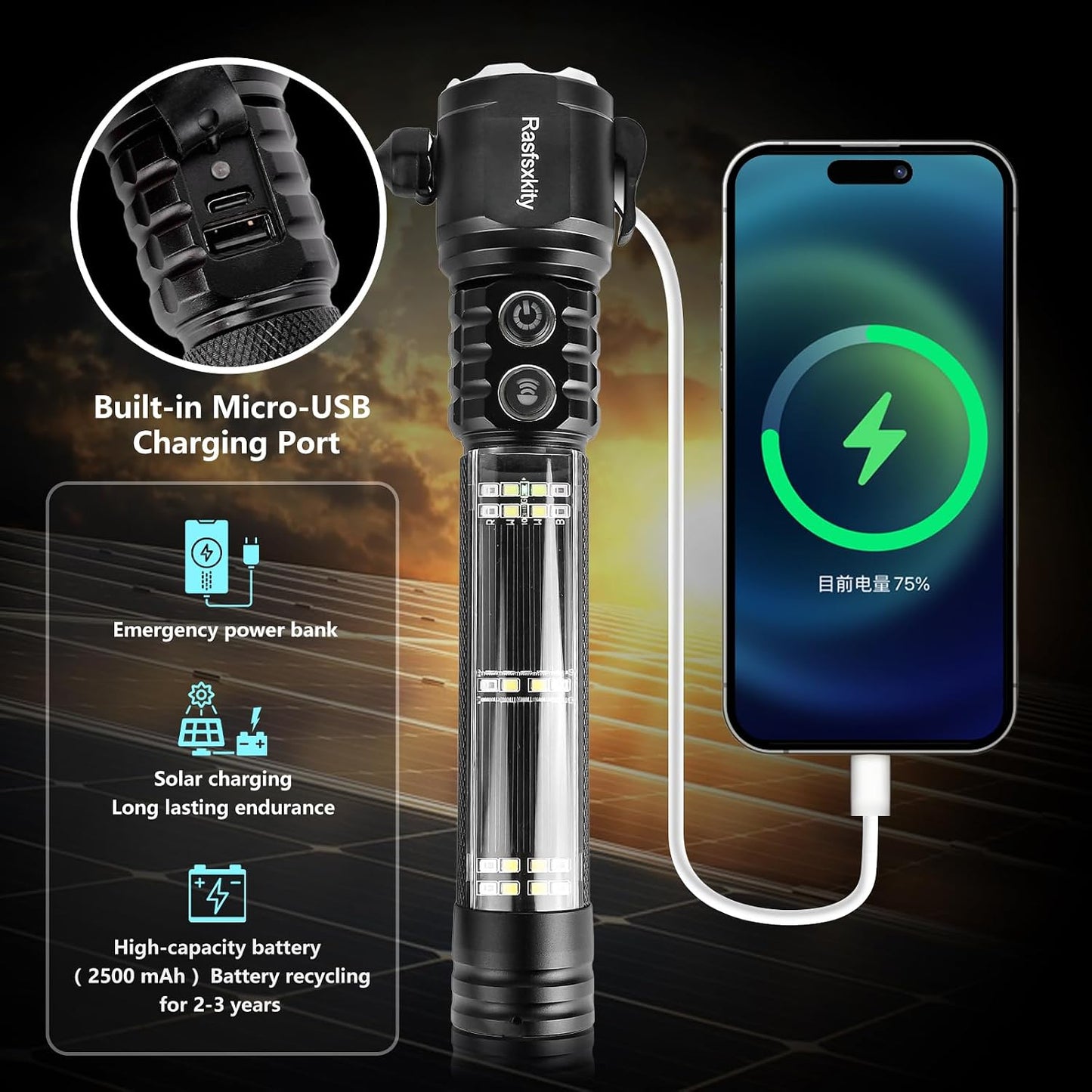 Emergency Flashlight with Window Breaker and Seatbelt Cutter, LED Flashlight, flashlights high lumens，Strobe sos Beacon，Mobile Power，Alarm Rescue，for car，Outdoor，Hiking, Fishing, Dog Walking