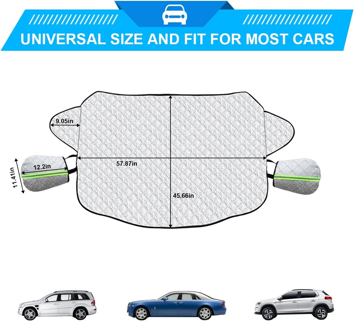 8sanlione Car Windshield Snow Cover with Side Mirror Cover, 4 Layers Winter Frost Protection for Any Weather, Windscreen Covers with Magnetic Edges, Front Window Automotive Covers for Car SUV Trucks