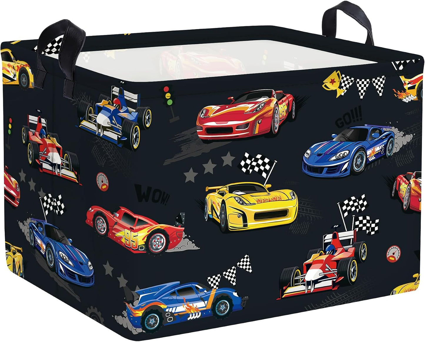 Clastyle Competitive Race Car Kids Book Storage Basket Checkered Flag Clothes Laundry Basket Parents Gift Toy Box for Bedroom Shower, Grey, 40x30x30 cm