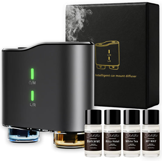 Waterless Car Diffuser Kit with 4 Fragrance Oils – Luxury Hotel Inspired Aromatherapy Air Freshener for Car, Vehicle, Office & Small Spaces (Black, Hotel Fragrance)