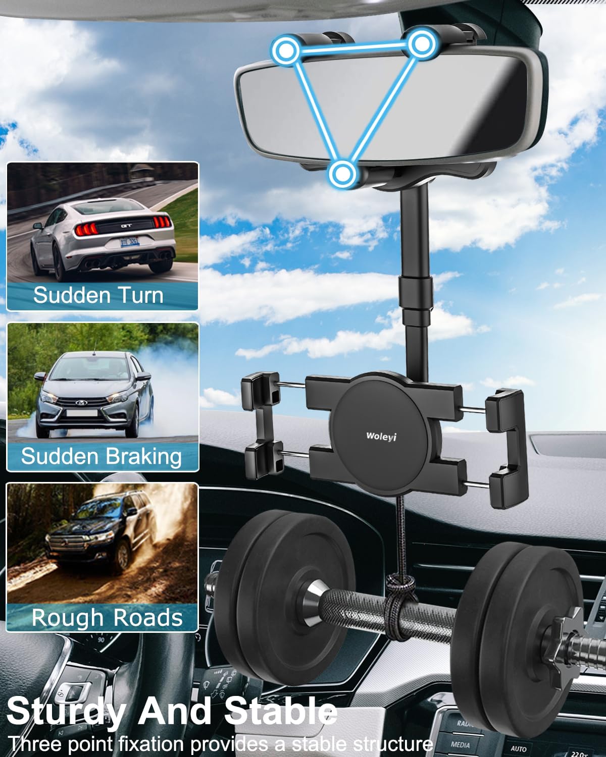 Rearview Mirror Tablet Holder for Car, Rear View Mirror Car Tablet Mount, 360° Rotatable Adjustable Universal Clip, for iPad Pro Air Mini, Galaxy Tabs, Z Fold, Fire HD, iPhone, 4.7-11" Devices