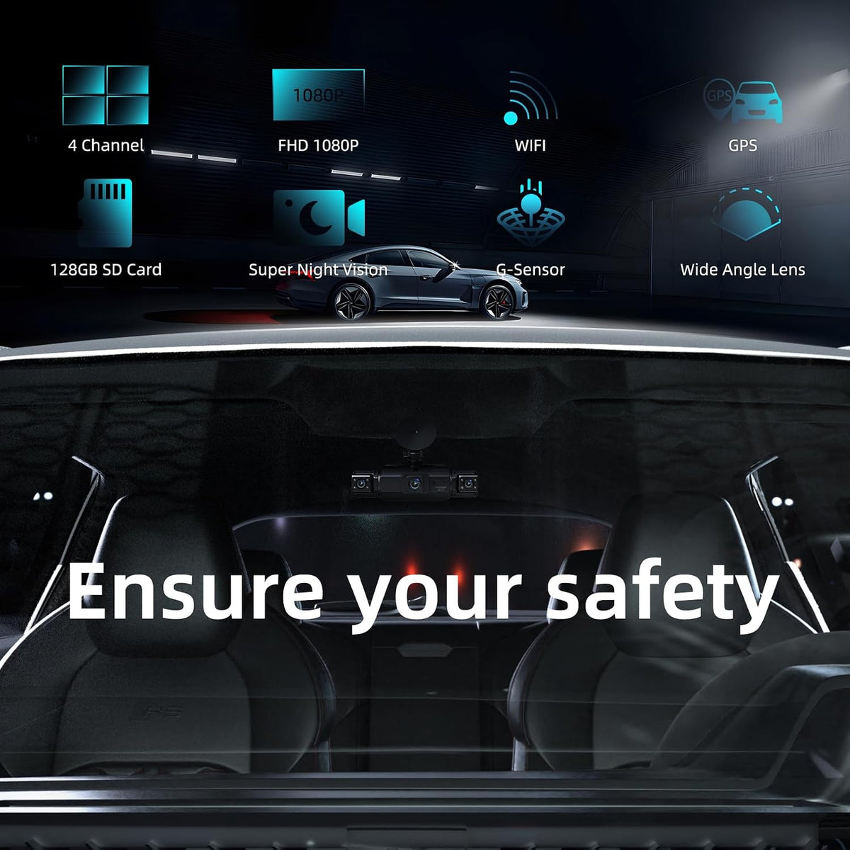 360 Dash Cam Front and Rear Inside,4 Channel Dash Cam 2026,2.5K+1080Px3 Dash Camera for Cars 24/7 Night Vision,360 Car Camera Built-in GPS,5G WiFi,Loop Recording,Parking Mode Free 128GB Card