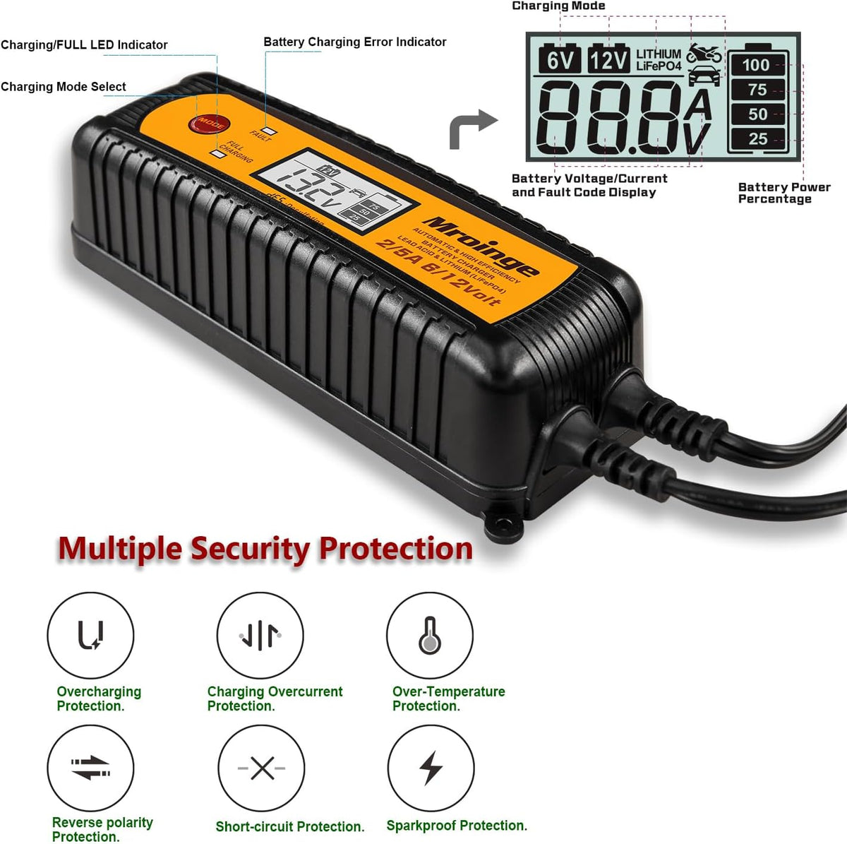 Smart Battery Charger, Mroinge 5A 6V/12V Automatic Battery Charger/Maintainer/Desulfator for Cars, SUVs, Trucks and More, Suitable for Charging Lead-Acid & Lithium (LiFePO4) Batteries