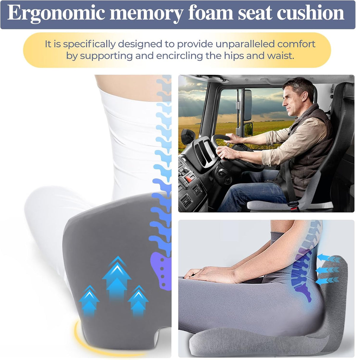 Car Seat Cushion, Memory Foam Driving Cushion with Adjustable Strap, Ergonomic Pad for Car & Semi Truck, Office Chair Cushion for Sciatica & Lower Back Pain Relief, Light Gray