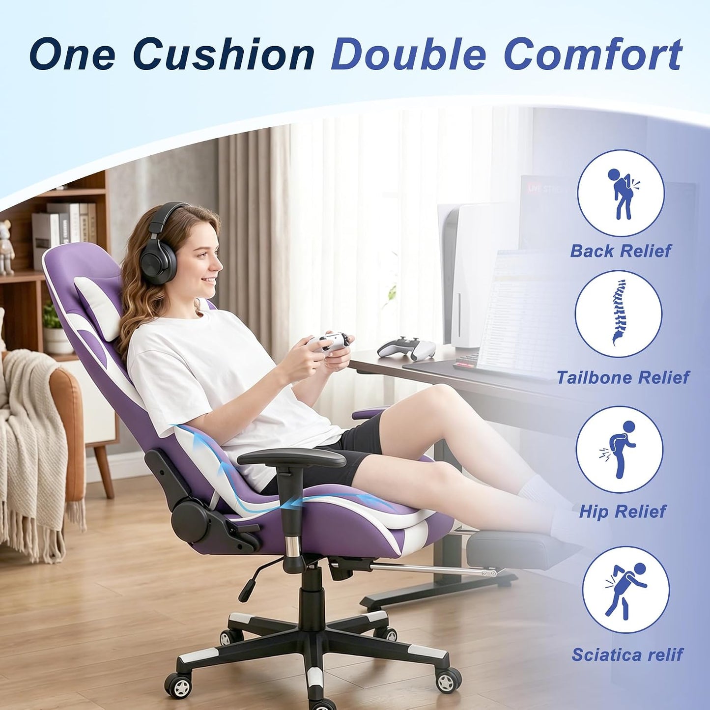 Seat Cushion for Office Chair and Car, Ergonomic Memory Foam Seat Cushion with Lumbar Support Pillow, Orthopedic Cushion for Sciatica & Back Pain, Purple & Light Gray