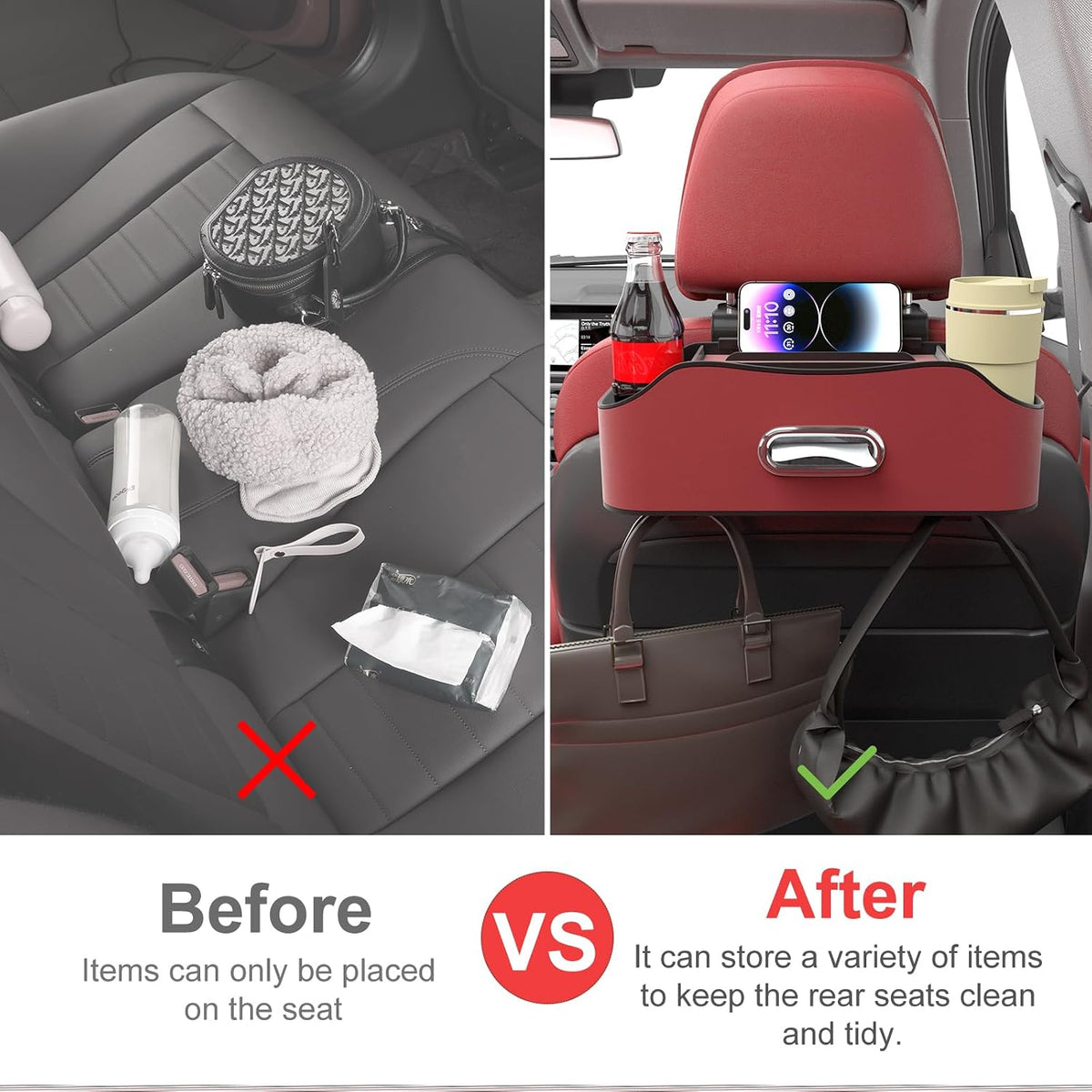 Back Seat Cup Holder for Car – Multifunctional Seat Back Organizer with Drink Holders, Tissue Box Storage & Hooks, Fits Headrest for Auto. (Red)