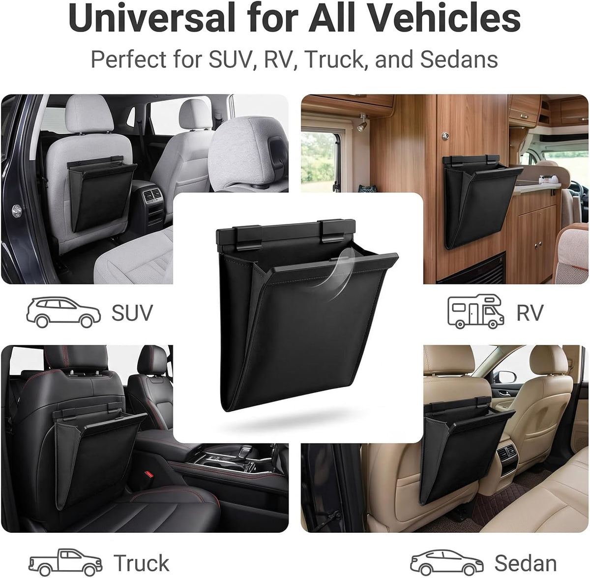 Magnetic Car Trash Can, Leakproof PU Leather Car Garbage Bin, Waterproof Vehicle Waste Basket, Foldable Multi‑Purpose Car Storage Organizer, Universal for Car Truck SUV Van (Black)