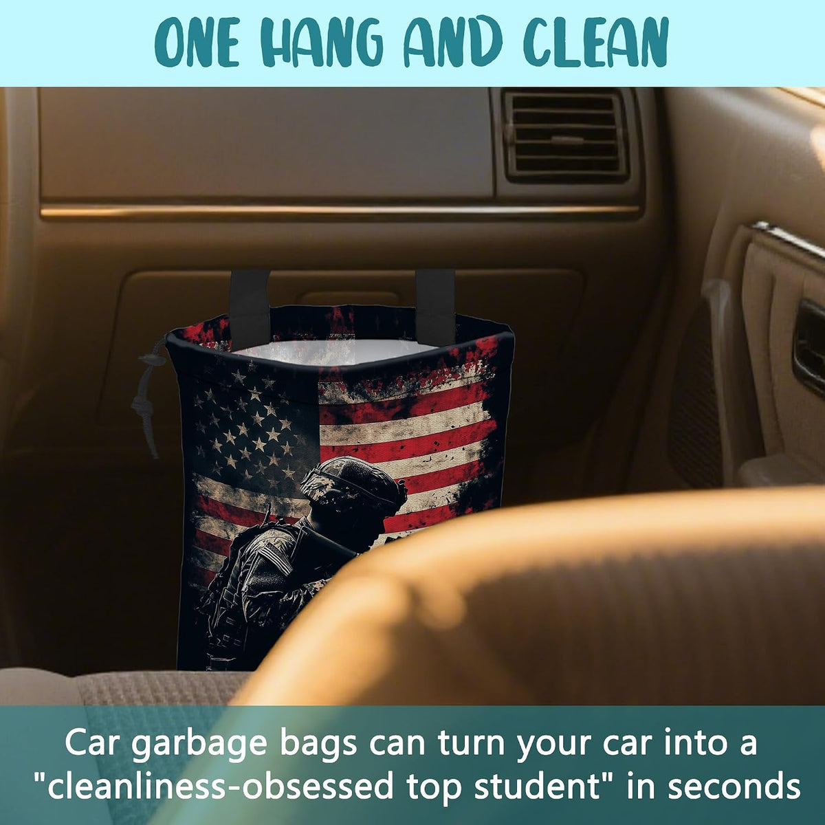 Car Garbage Bag American Soldier Holding Rifle Drawstring Car Trash Bag Hanging for Back Seat with Adjustable Buckle Canvas Vehicle Trash Can Easy-to-Install