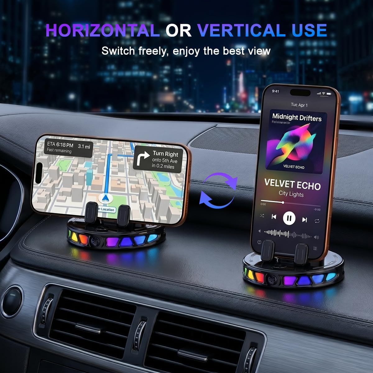 Wireless Car Charger Dashboard Phone Holder,15W Fast Charging One-Hand Operation Rotatable Bracket with RGB Light,Anti-Slip Navigation Mount with Strong Suction Cup, for Most Smart Phone