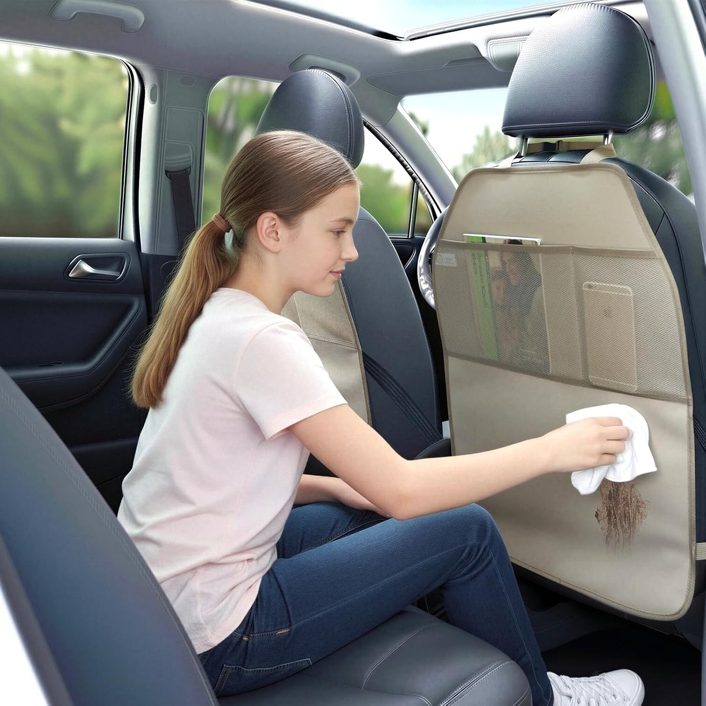 Viaviat Car Seat Protector Large Kick Mat 2 Pack Durable Water Resistant Auto Seat Back Covers with 2 Mesh Pockets Protection Against Dust Mud Scratches (Beige-A, 2-Pack)