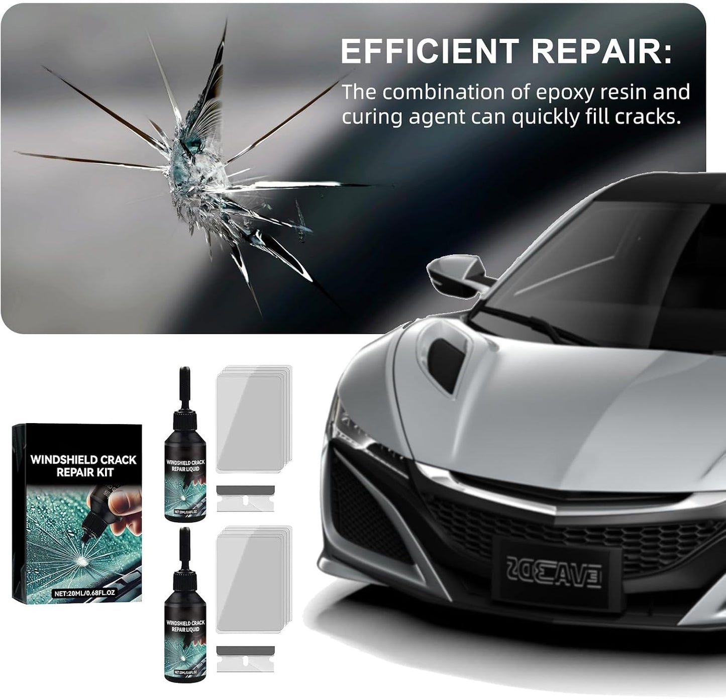 2 Pack Windshield Chip Repair Kit, Glass Repair Liquid for Cracks | Windshield Crack Repair Kit for Fix Car Windows, Rearview Mirrors and Glass, 20ML Cracked Windshield Repair Kit