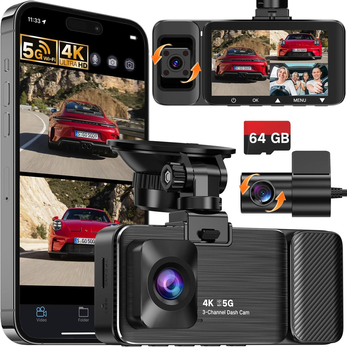 WECOOL 4K UHD 3 Channel Dash Cam Front and Rear Inside