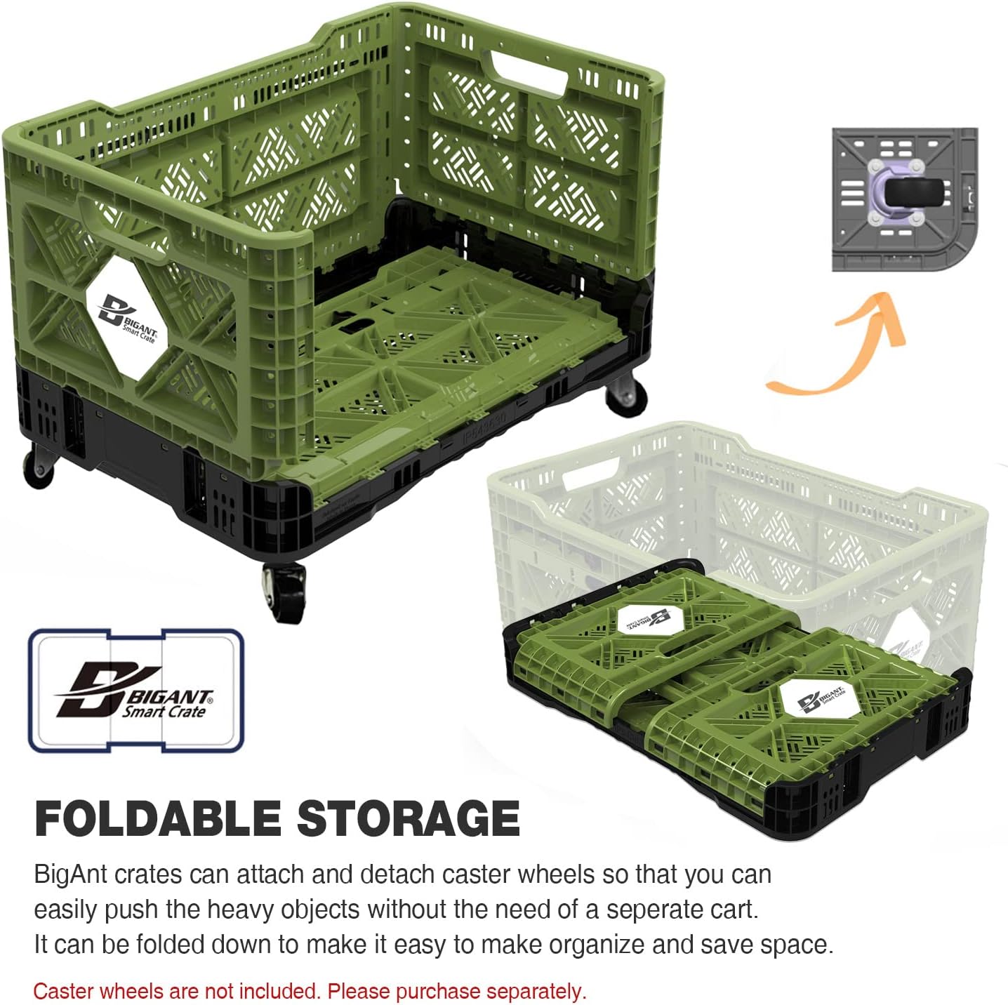 Bigant Heavy Duty Collapsible & Stackable Plastic Milk Crate-Medium Size, Olive, Stackable Open Front Organizer, Set of 1, Snap Lock Foldable Industrial Garage Storage Bin Container Utility Basket