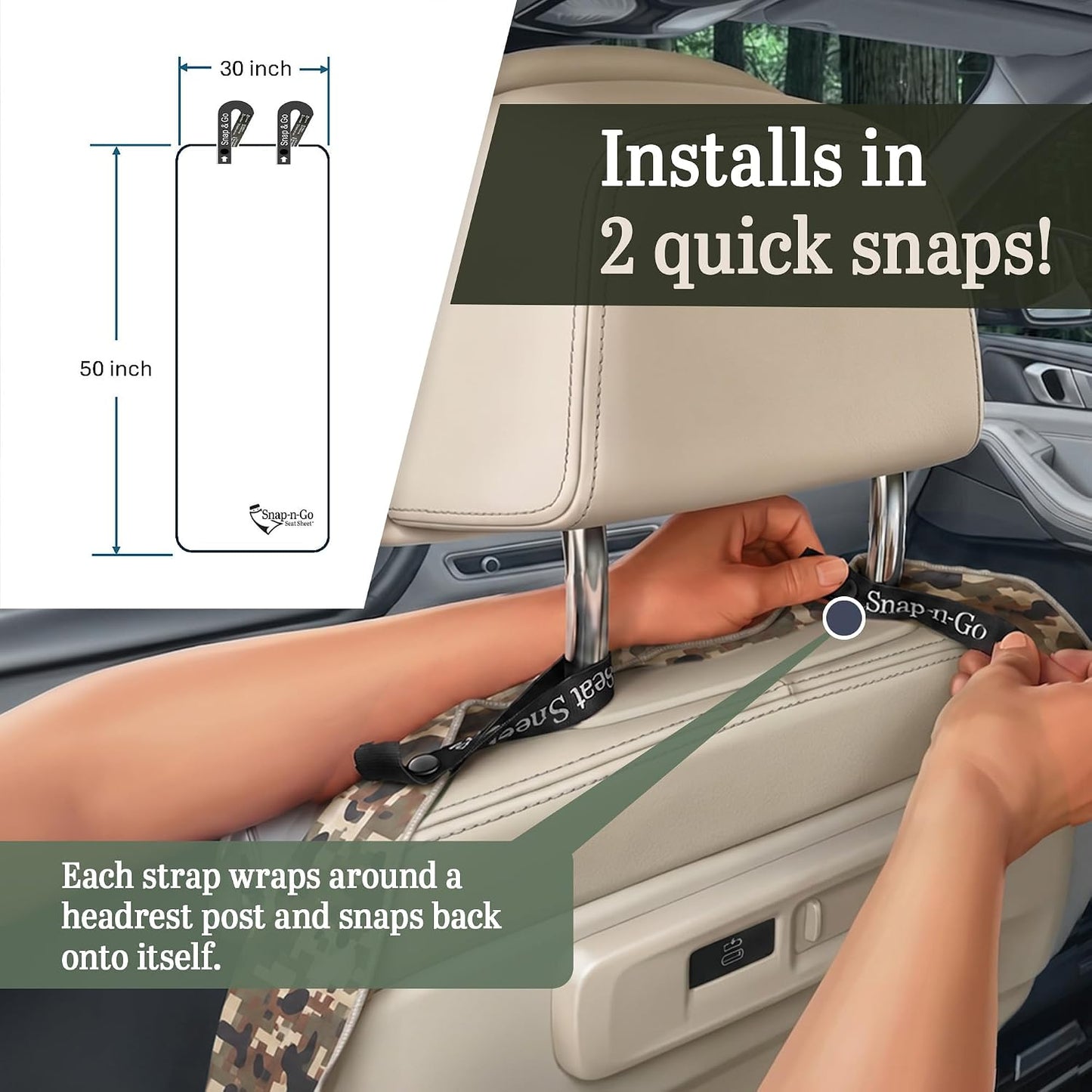Camo Car Seat Towel Cover for Outdoor Hiking Hunting Pets | Snap-n-Go Seat Sheet® Universal Fit on headrest posts, Washable, Quick-Dry Sweat Protector for Truck SUV Car Interior Protection, Camo Multi