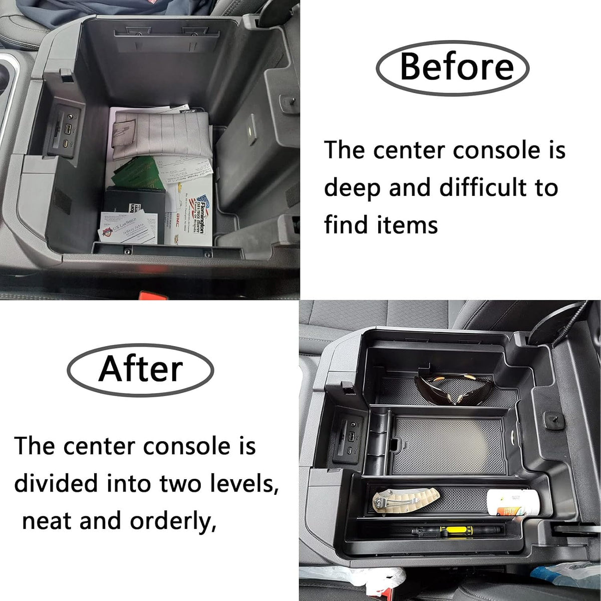 Center Console Organizer Compatible with 2020-2023 Silverado/Sierra 2500/3500HD/ 2019-2022 Chevy Silverado 1500 / GMC Sierra 1500 Accessories - Full-Coverage Insert Tray, ABS material Black
