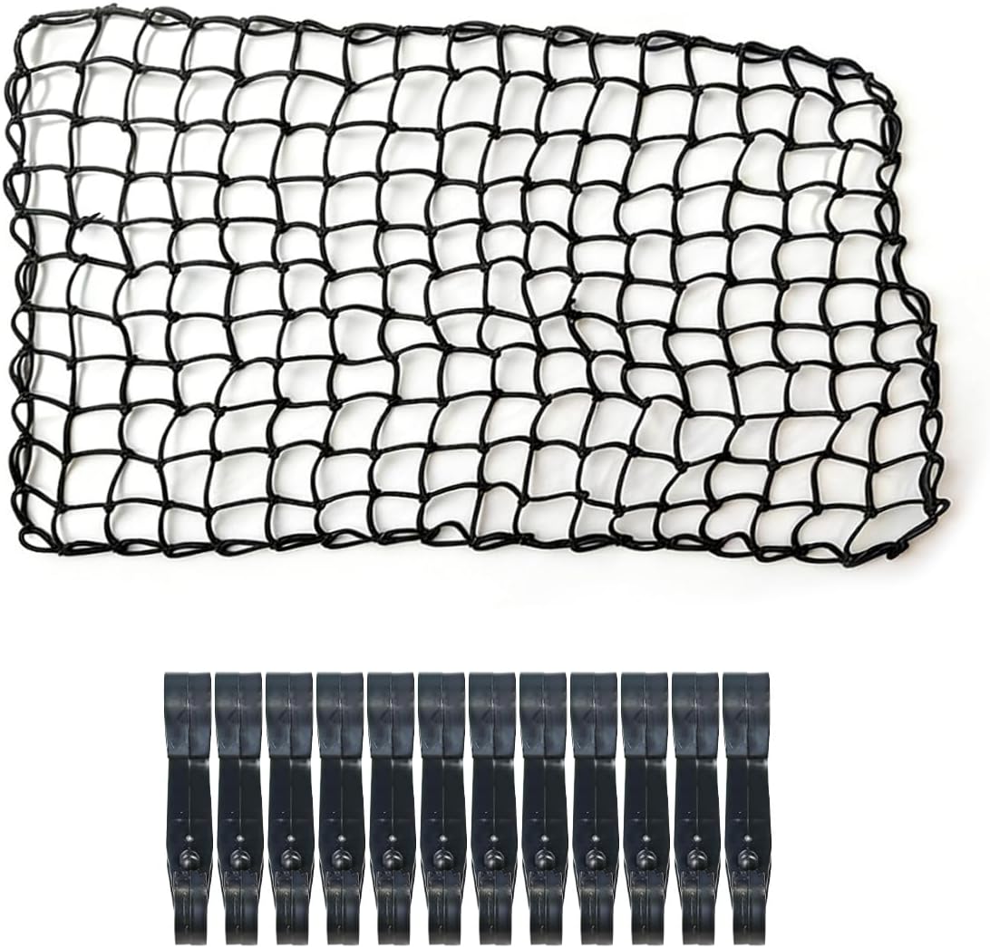 Car Cargo Net, 22" x 38" Elastic Mesh Stretch to 44" x 76", Cargo Bungee Net with 2" x 2" Tight Mesh and 12 Adjustable Hooks, Luggage Netting Accessories for Most Vehicles (Black)