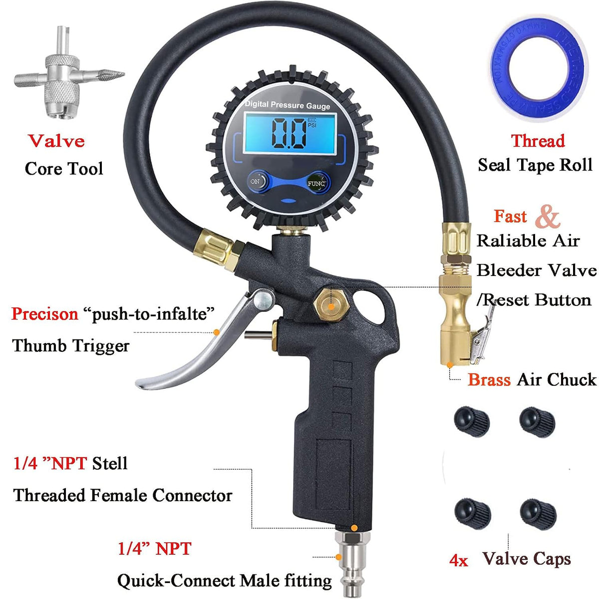 PINKJOY Digital Tire Pressure Gauge with Inflator, 250 PSI Air Chuck and Compressor Accessories Heavy Duty with Quick Connect Coupler, 0.1 Display Resolution for Car, SUV, Truck, Motorcycle, RV