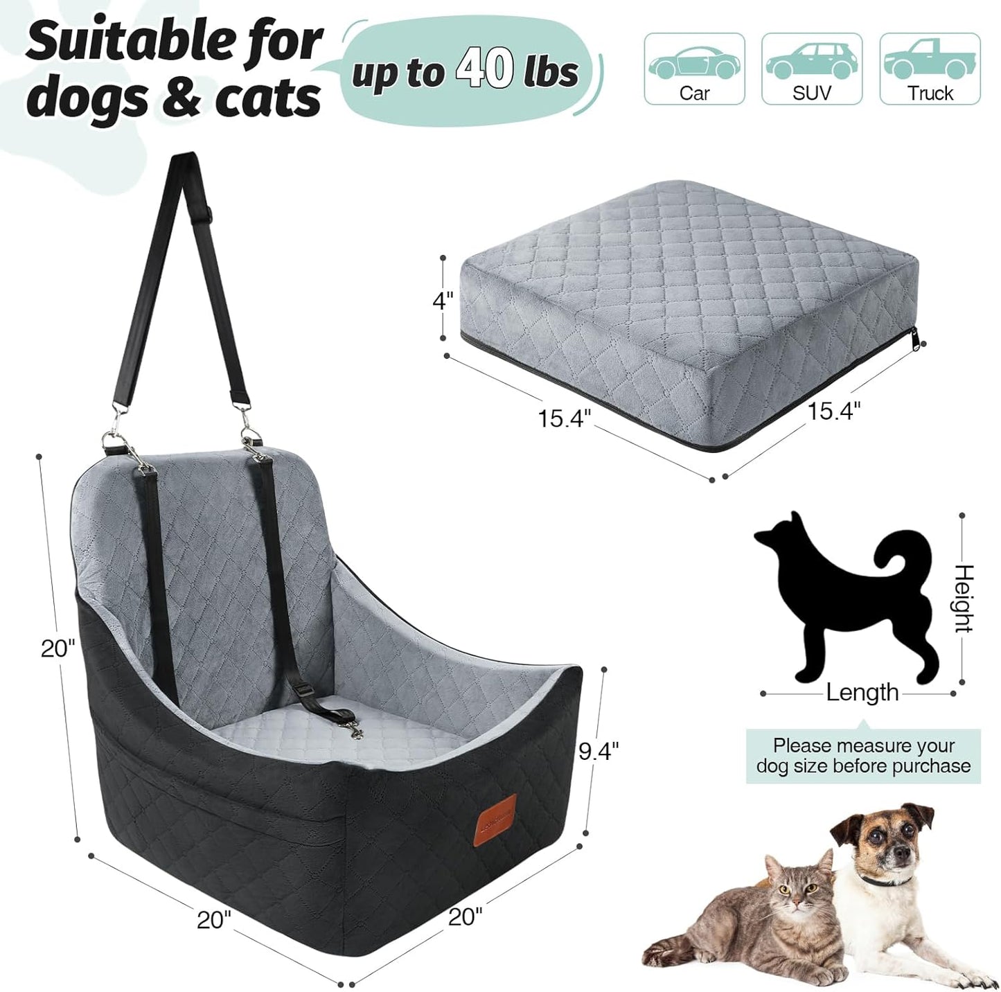 Lealchum Dog Car Seat for Medium Dogs Up to 40lbs,Fully Detachable and Washable,Memory Foam Covered Soft Fabric,Easy to Install with Adjustable Straps,Anti-Slip Base,2 Side Pockets(Black/Grey,Medium)