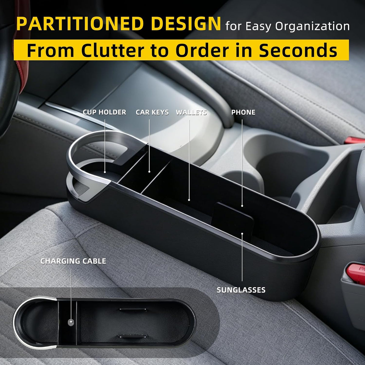 Yinova 2 Pack Car Seat Gap Organizer with Cup Holder, PU Leather Car Storage Box, Fill Gap & Stop Dropping, Driver & Passenger Side, Easy Install, Fits Most Vehicles