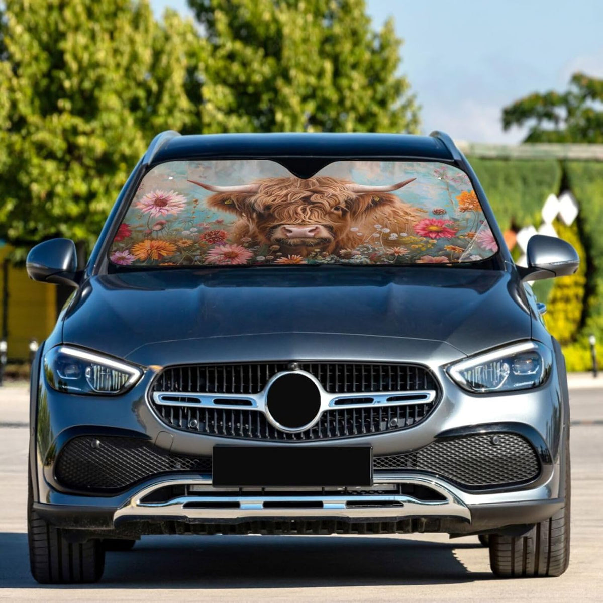 Car Windshield Sun Shade Highland Cows Florals Foldable UV Ray Sun Visor Protector Sunshade to Keep Your Vehicle Cool 55" x 27.6"