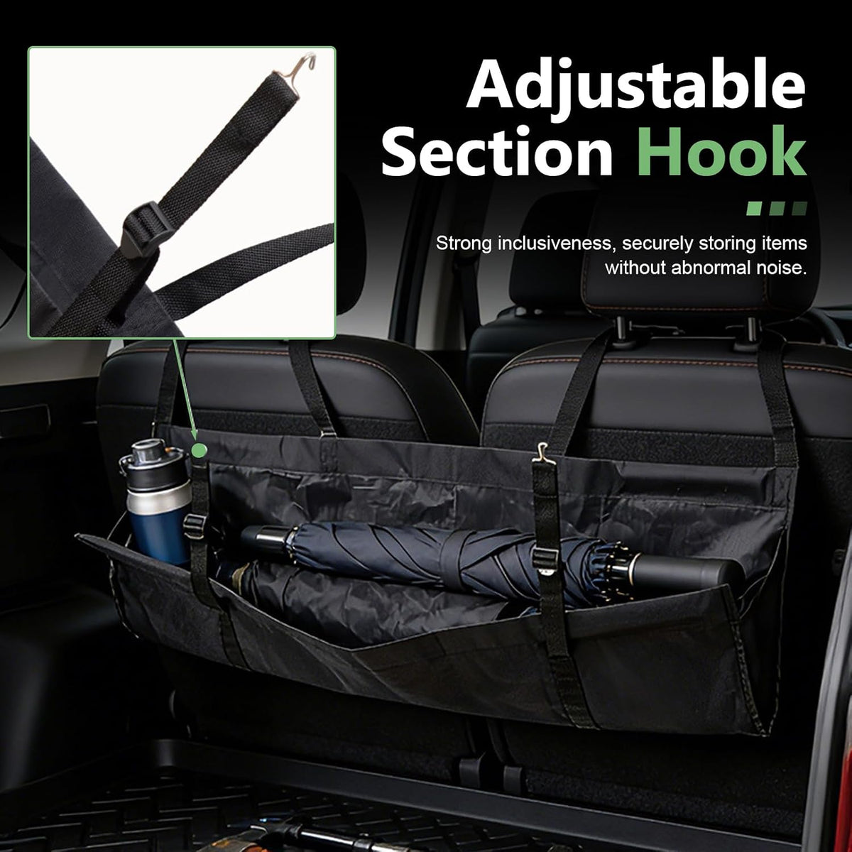 Car Trunk Organizer, Hanging Backseat Storage Bag with Adjustable Straps, Waterproof Oxford Fabric Collapsible Back Seat Organizer, Universal for Most Cars, Trucks, SUVs, Van (Black)