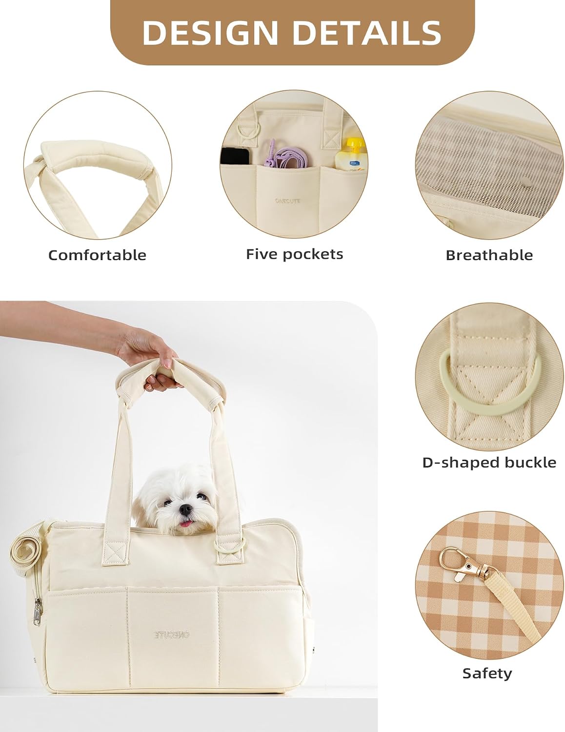 ONECUTE Dog Purse Carrier for Small Dogs Rabbit cat with Large Pockets, Cotton Bag, Dog Carrier Soft Sided, Collapsible Travel Puppy Carrier (Beige, 13.6" L x 6.5" W x 10" H)