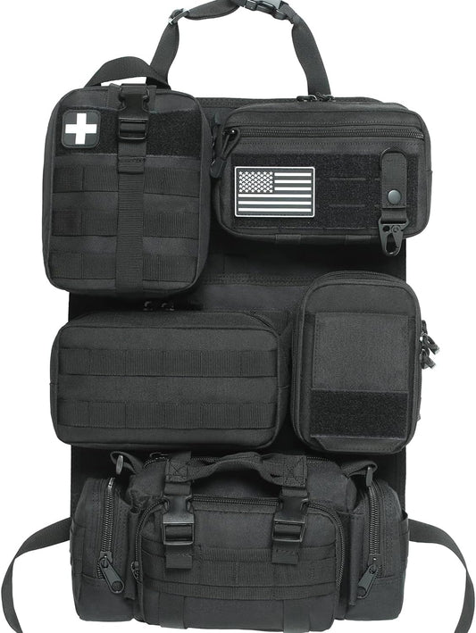 6 Pack Tactical Molle Car Seat Back Organizer,Backseat Organizer for Man | Tactical Vehicle Panel Organizer with 5 Detachable Molle Pouch,US Flag Patch and Keychain,Great Trunk Accessories