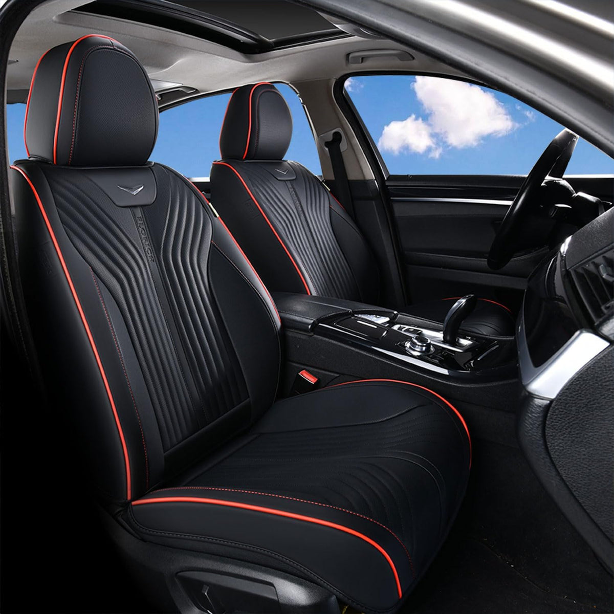 FLORICH Automotive Seat Covers Front Seats Leather Car Seat Cover Waterproof Breathable Car Seat Cushion Protector Universal Fit for Most Cars Trucks SUV, Black&Red Line