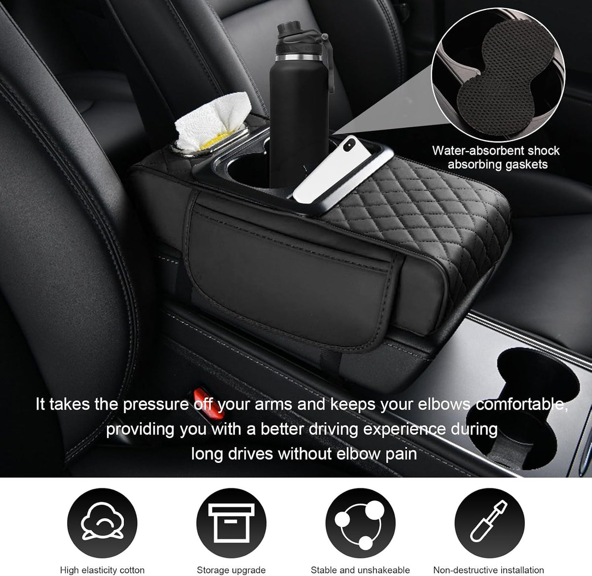 Car Center Console Armrest Pillow, Leather Car Armrest Cushion with Cup Holder & Phone Holder, Universal Armrest Storage Box Protector for Most Vehicles, Car Accessories (Black, Embroidered)