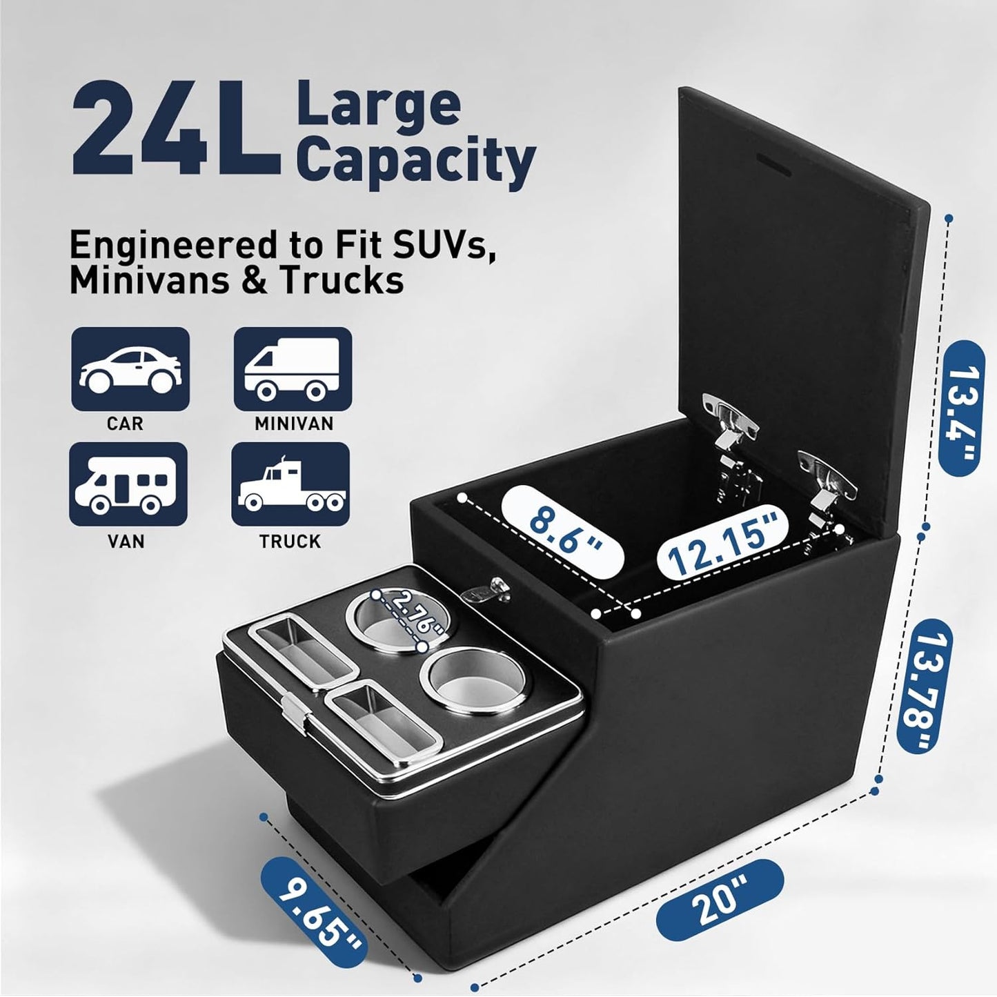 20"L x 9.65"W x 13.78"H, 24L Center Console Between Seats for Minivans, SUVs & Trucks, Floor/Bench Seat Organizer with Locking Hidden Storage, Dual Cup Holders & Armrest, No-Drill Installation