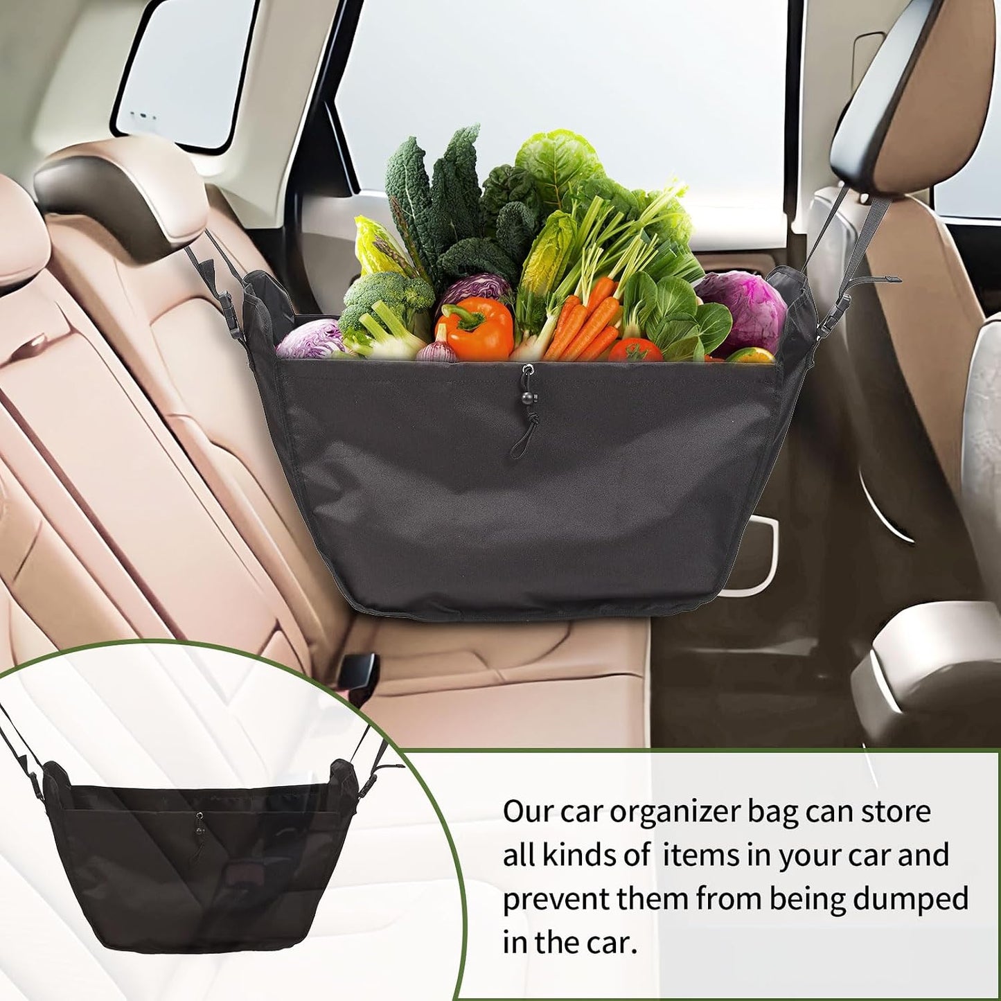 Car Seat Organizer - Large Capacity Passenger Seat Storage Travel Bag, Portable, Foldable and Collapsible Miscellaneous Car Hanging Bags, Reusable Shopping Tote with Drawstrings