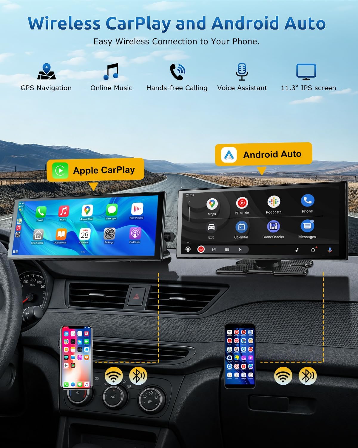 ESSGOO 11.3" Wireless CarPlay & Android Auto Screen for car with Dual Cam