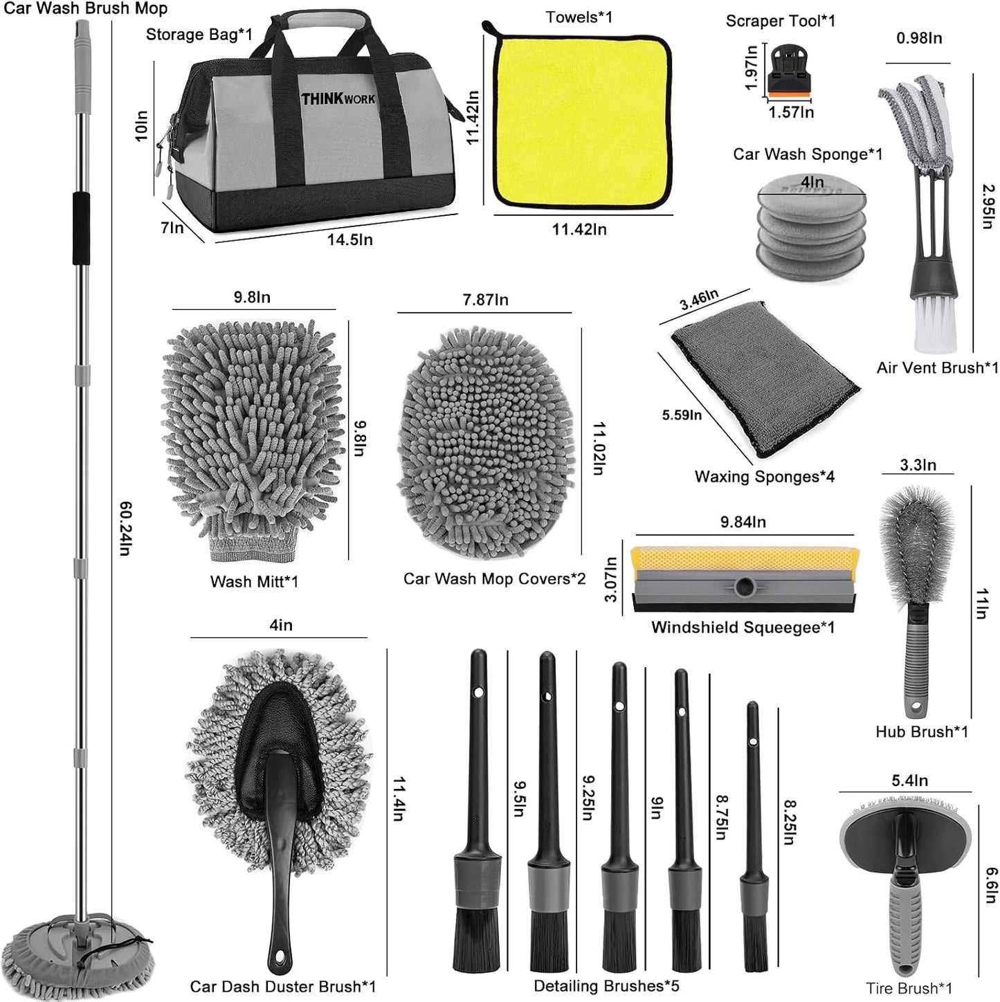 THINKWORK Car Wash Kit, 62'' Car Washing Brush with Long Handle, Extendable Car Wash Brush Mop with 2-in-1 Windshield Squeegee and 9Pcs Detailing Brushes, Gray Car Detailing Kit Gift for Men