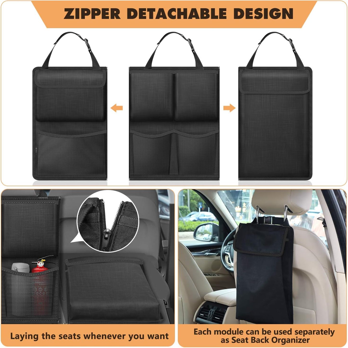 FINPAC Car Trunk Organizer and Storage, Detachable Seat Back Hanging Organizers Storage with Zippers, Large Capacity Car Accessories Interior for Jeeps, SUVs, Vans (Black)
