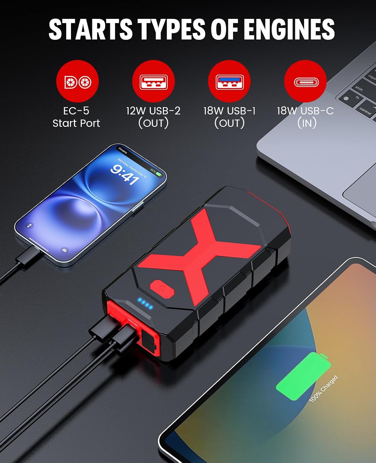 BOOKOO A9 Jump Starter 4000A for Car,Boat,Lawnmower 12L Gas&10L Diesel Engines Portable 12V Car Battery Jump Starter with Jumper Cables,Quick Charging USB Ports and USB C,3 LED Modes and Storage Box