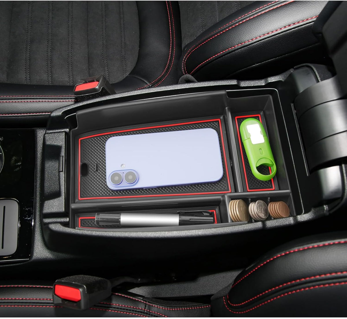 LUWU Center Console Organizer Compatible with Ford Escape 2020-2025 2026 Accessories Bronco Sport 2021-2025 Accessories Armrest Console Storage Box Insert Tray ABS Material Black Coin Container Red