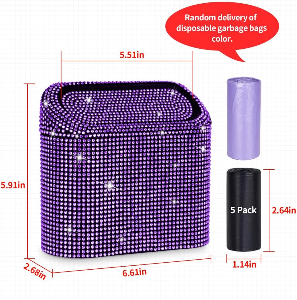 eing Car Trash Can with Lid, Mini Vehicle Trash Bin Car Dustbin Garbage Organizer,Bling Crystal Automotive Garbage Can Bin Trash Container for Auto Cars, Home, Office,Purple