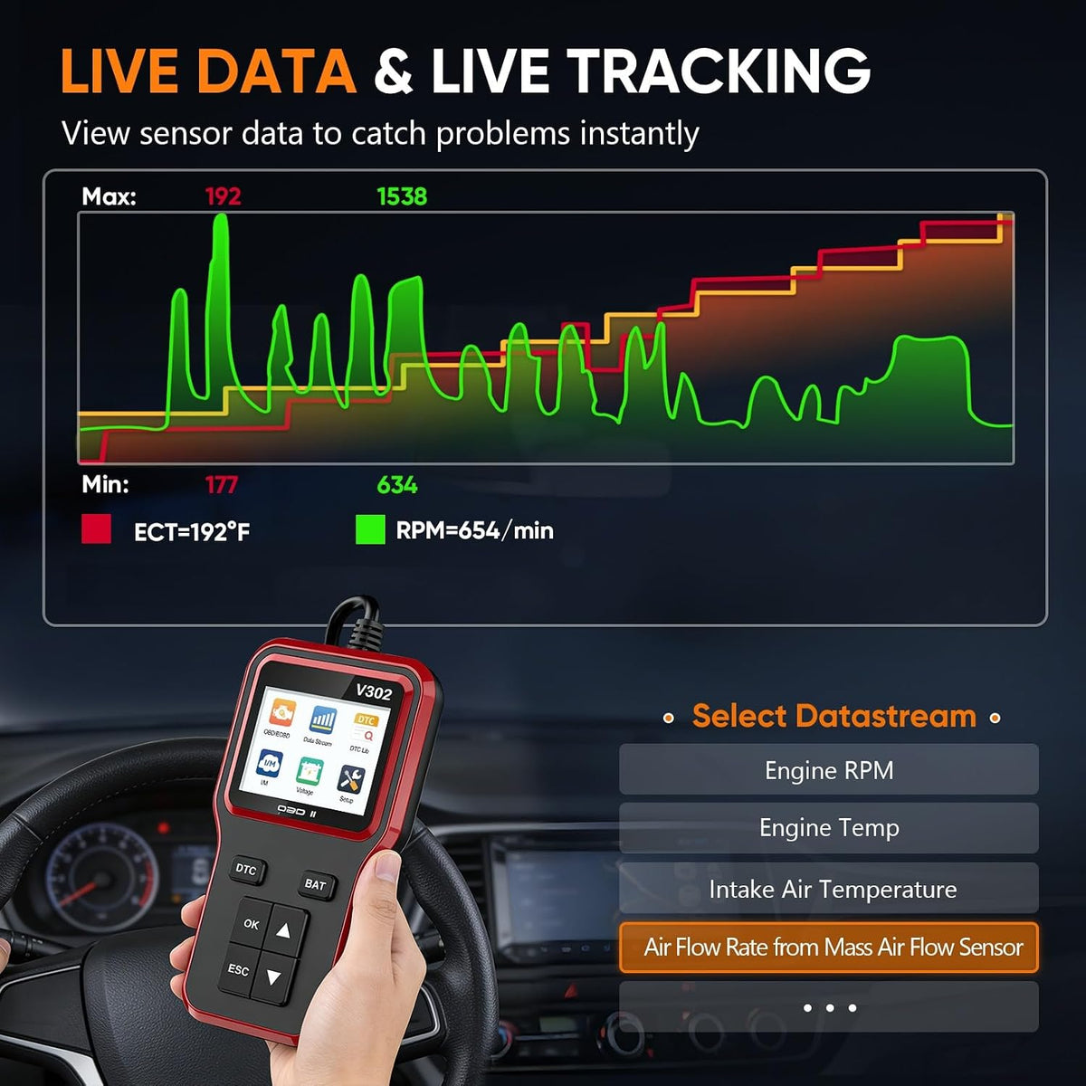 OBD2 Scanner and Battery Tester, Vehicle Code Reader for Check Engine Light