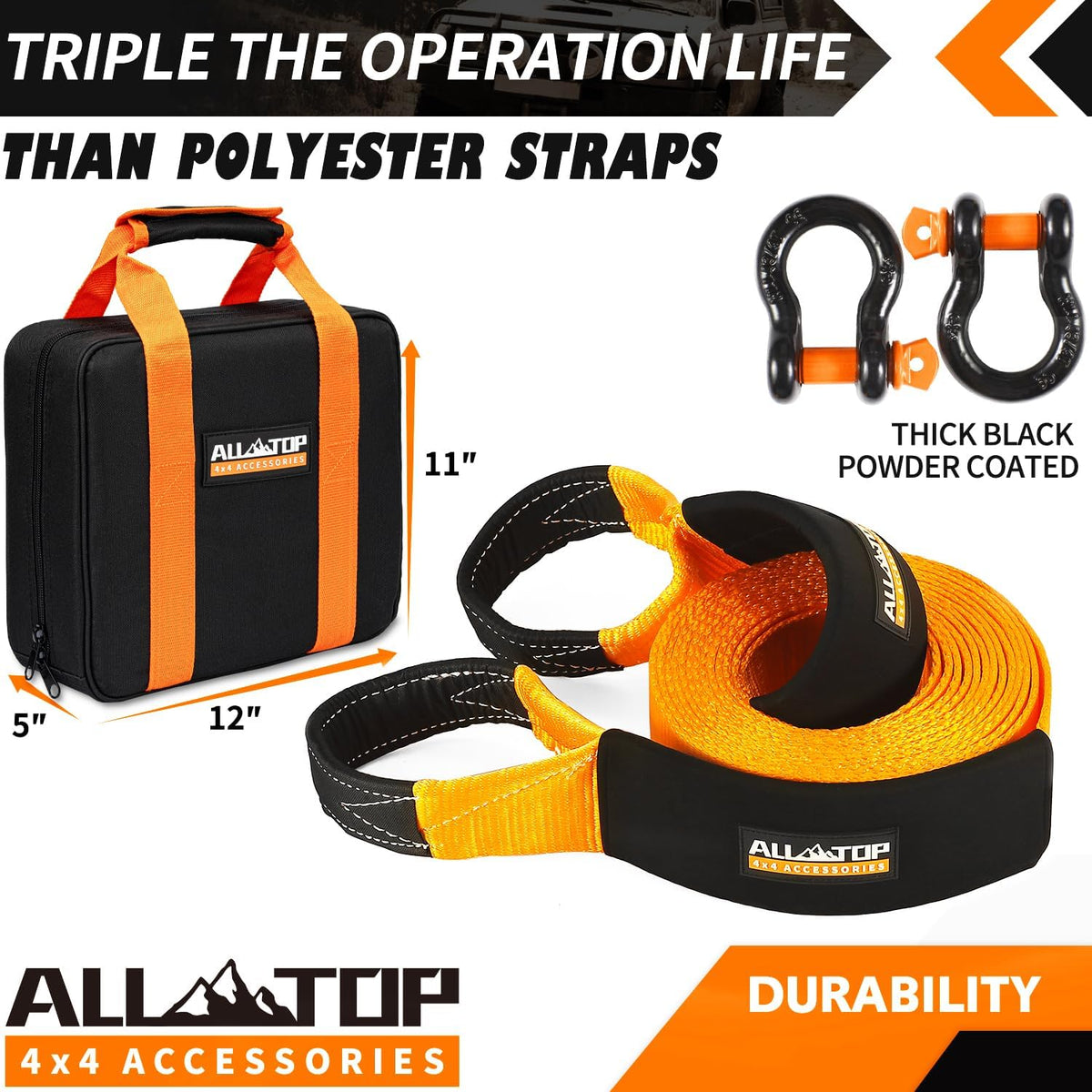 ALL-TOP Extreme Duty Tow Strap Recovery Kit: 4inch x 20ft (46,500lbs) 100% Nylon and 22% Elongation Snatch Strap + 3/4 Heavy Duty D Ring Shackles (2pcs) + Storage Bag