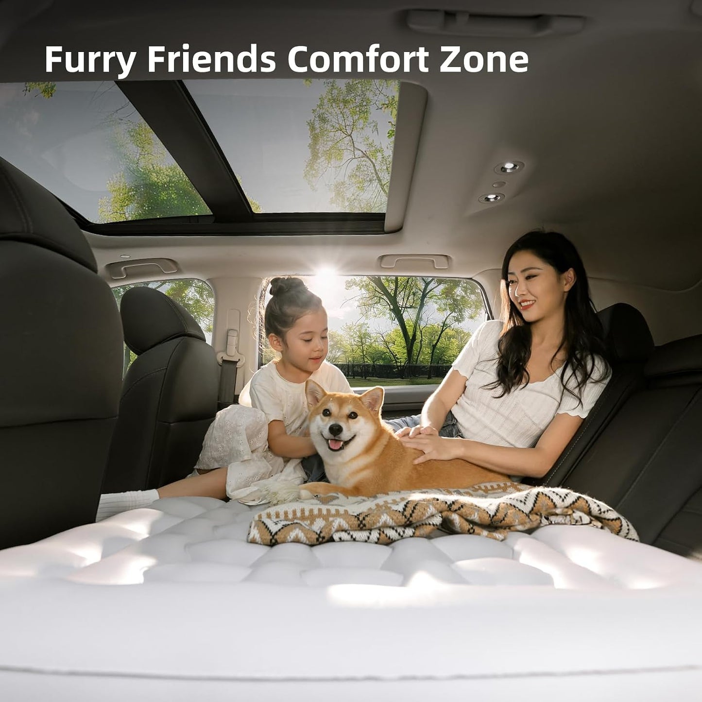 Car Back Seat Air Mattress - Universal Fit SUV/Sedan, Inflatable Camping Mattress with Built-in Pump & Air Support Column, Portable True Flat Gap-Filling Car Bed for Sleeping Roadtrip Travel