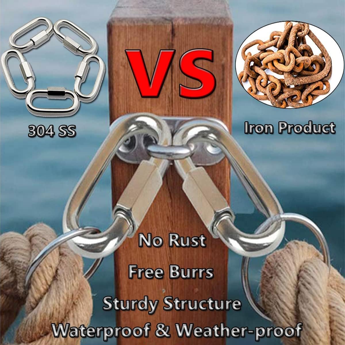 Quick Link, Lsqurel 304 Stainless Steel D Shape Locking Carabiner Heavy Duty Chain Link Keychain for Outdoor Fence Gate Swings Pet Dog M4 M6 M8 M10 Capacity 200lb 600lb 1200lb 2400lb