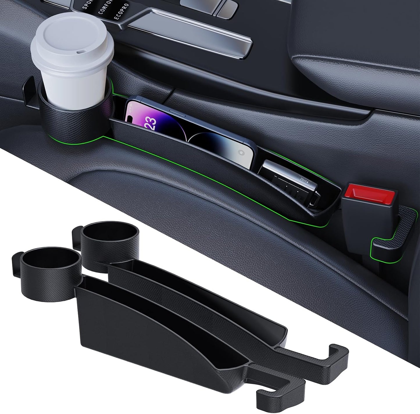Car Seat Seat Filler 2-Piece Set to Fill the Void Between Seat Seat Blocker to Prevent Items from Drop, 4-in-1 Multifunctional Water Cup Holder Hook Large Capacity Storage Universal SUV Sedan Truck