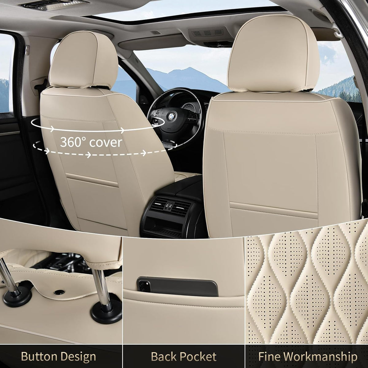 FLORICH Automotive Seat Covers Front Seats Leather Car Seat Covers with Lumbar Support Front Seat Covers Waterproof Car Seat Cushion Protectors Universal Fit for Most Cars Sedans Trucks SUV, Beige