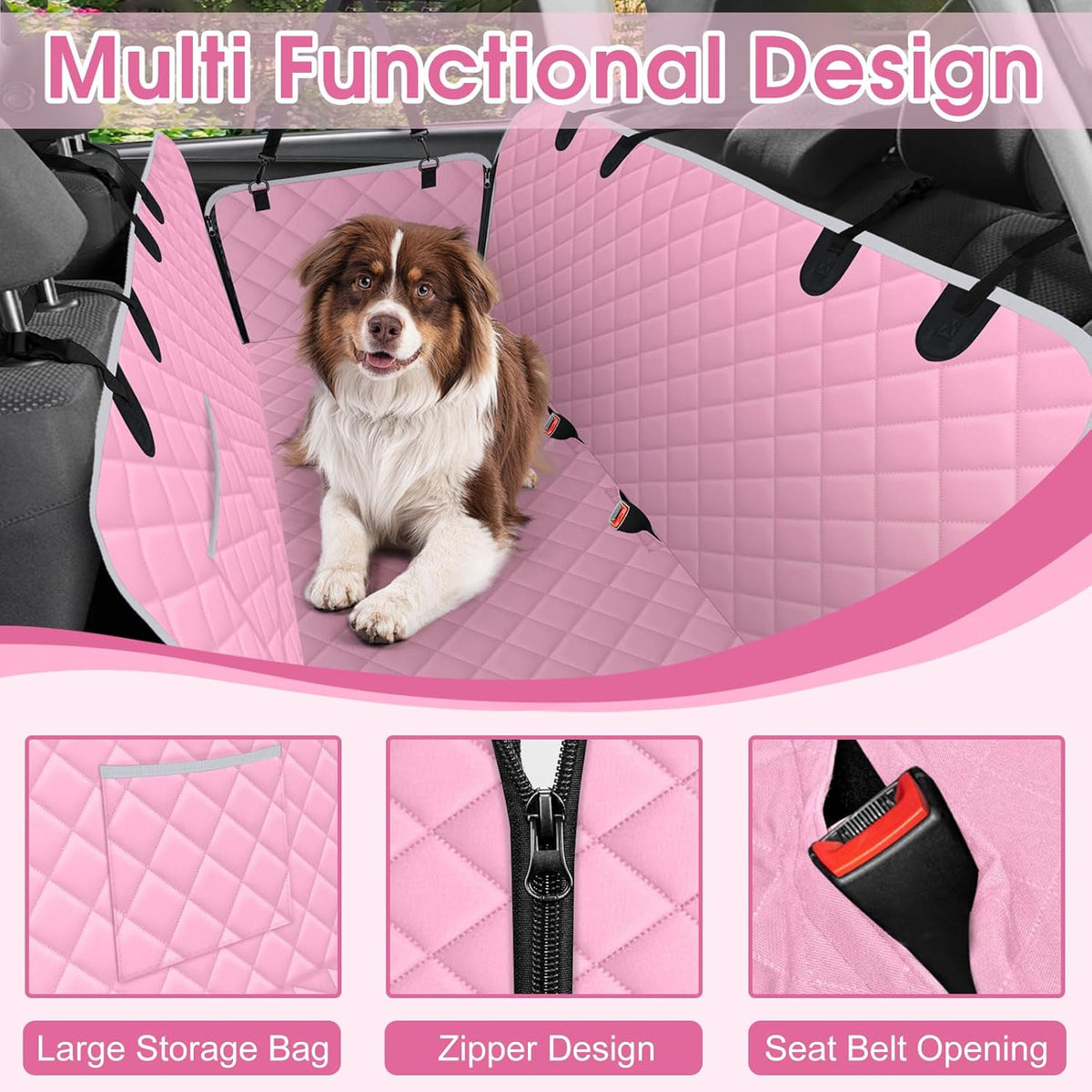 Waterproof Dog Car Seat Cover for Back Seat, Pet Hammock- L, Pink/Grey | Durable waterproof hammock with nonslip design & storage pockets. Protects seats from scratches, fits cars, SUVs & trucks.